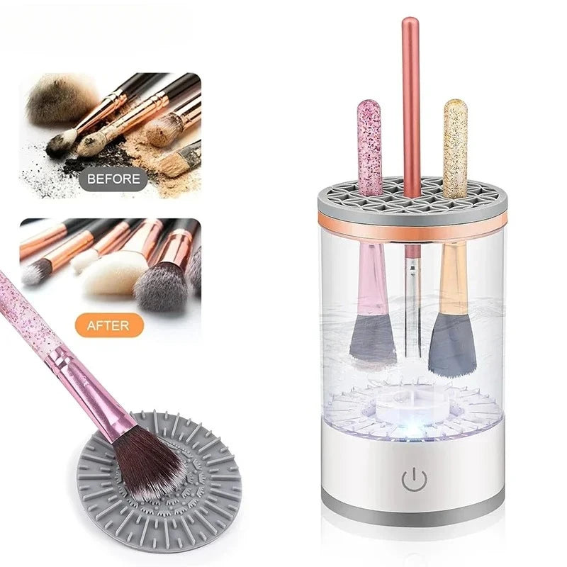 Nettoyeur de pinceaux de maquillage électrique portable 3 en 1 avec prise USB et brosses en caoutchouc pour un nettoyage en profondeur et une utilisation simplifiée.