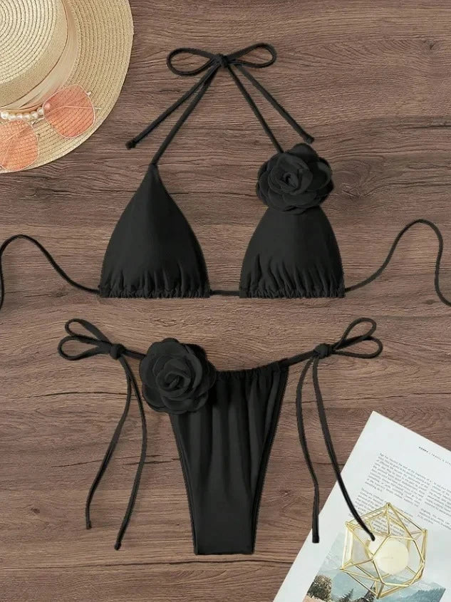 Maillot de bain deux pièces bikini sexy à fleurs 3D, bretelles et dos nu, tailles S à L.