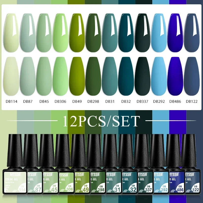 Kit de manucure semi-permanent MTSSII (12 pièces) : vernis gel semi-permanent à tremper, rose nude, rouge pailleté, UV, à paillettes. Fournitures pour ongles à faire soi-même.