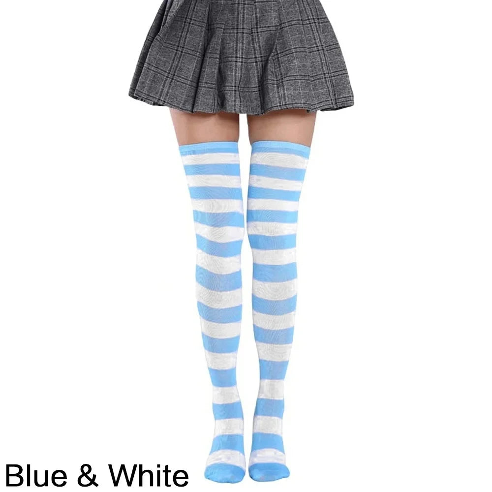 Chaussettes hautes à rayures imprimées pour femme, montantes jusqu'aux cuisses, en coton à motifs rayés