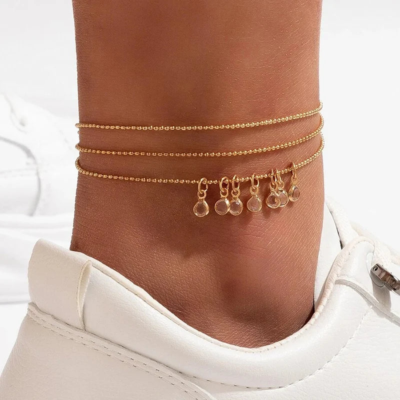 Bracelet de cheville bohème, chaîne de pied, bracelet d'été, pompon, étoile, pendentif en cristal, breloque, sandales, pieds nus, plage, bijou de mariée J022