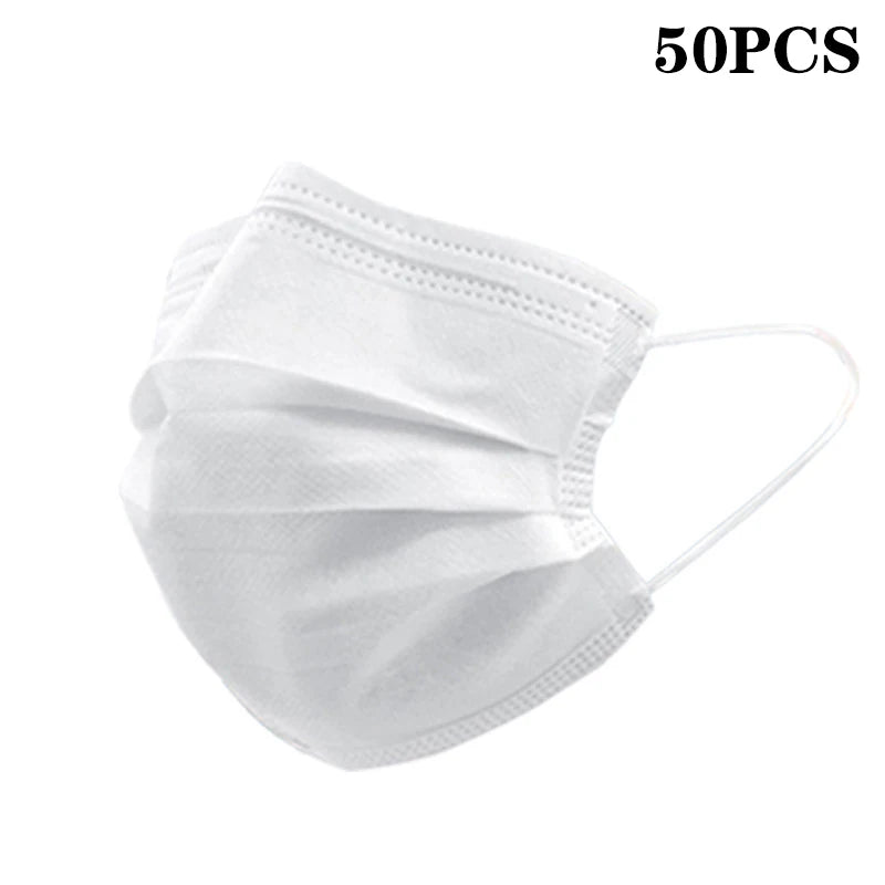 Lot de 50 masques de protection jetables à 3 couches en tissu non tissé, bleus, pour adultes.