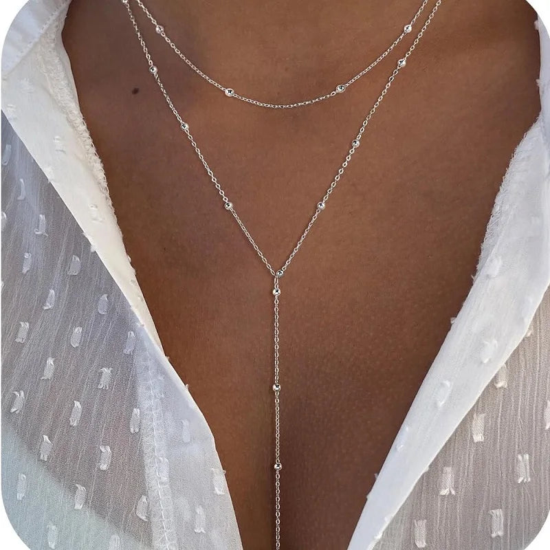 Collier ras-de-cou plaqué or pour femme, double chaîne longue avec pendentif, cadeau tendance