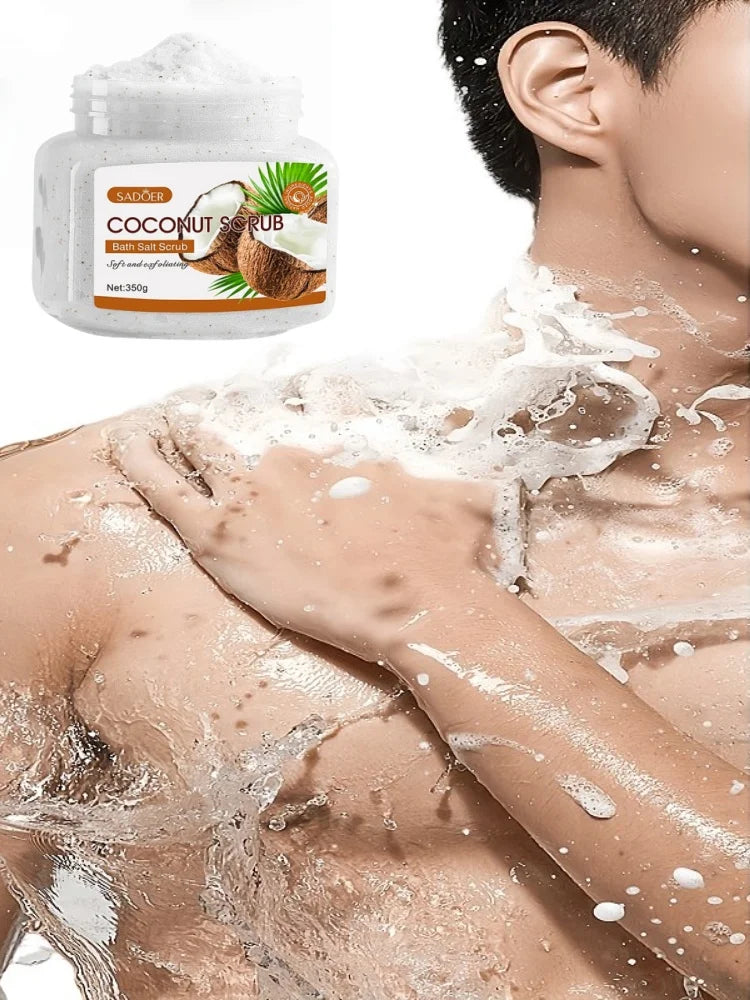 Gommage à la noix de coco de 350 g, riche en poudre de coque de noix, glycérine, extrait de noix de coco et autres ingrédients de soin, avec un parfum frais et intense de noix de coco.
