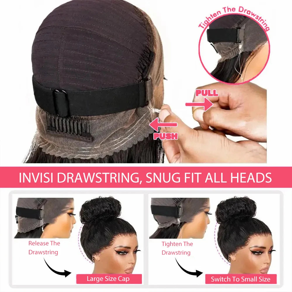 Perruque bouclée en dentelle frontale 360 Full HD, densité 220, cheveux humains noirs, cordon de serrage, 76 à 102 cm (30 à 40 pouces), ondulations profondes, sans colle