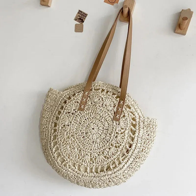 Sac cabas rond d'été en paille tressée pour femme, grande capacité, ajouré, style simple.