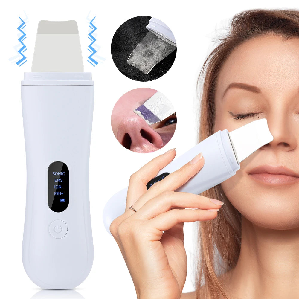 Appareil de nettoyage ultrasonique pour le visage, spatule ionique, nettoyage en profondeur, 4 modes, lifting facial, exfoliation.