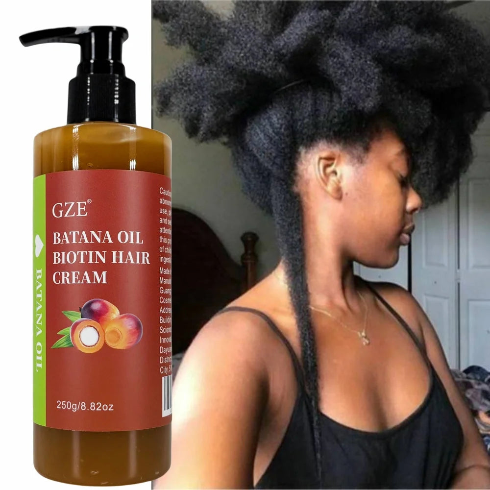 Crème capillaire à l'huile de batana et à la biotine GZE : fortifie les cheveux, répare les pointes fourchues et apporte de la douceur aux cheveux secs.