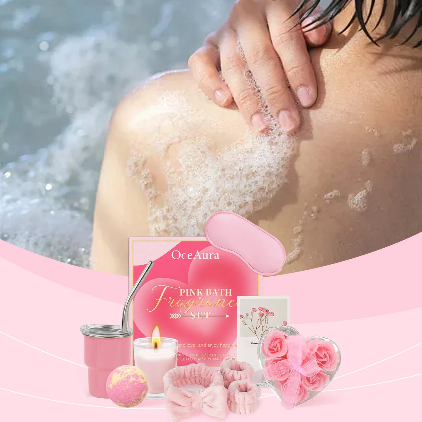 Coffret de bain aromathérapie rose Oceaura (1 pièce) : profitez d'une douche relaxante, d'un nettoyage en profondeur du corps et d'un soin spa. Idéal pour un moment de détente et de bien-être.