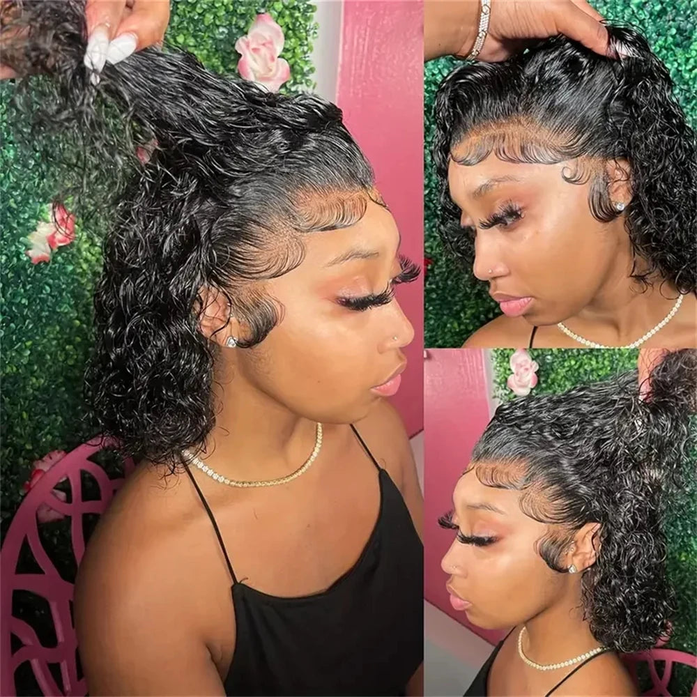 Bob court brésilien 100% cheveux humains, lace frontale 13x4, ondulations profondes, perruque bouclée avec fermeture en dentelle 4x4 pour femmes