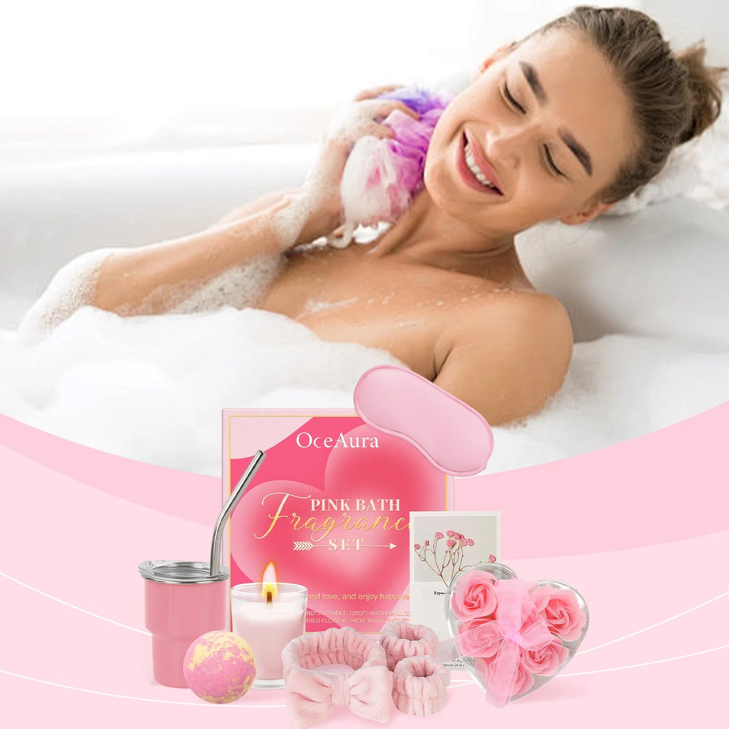 Coffret de bain aromathérapie rose Oceaura (1 pièce) : profitez d'une douche relaxante, d'un nettoyage en profondeur du corps et d'un soin spa. Idéal pour un moment de détente et de bien-être.