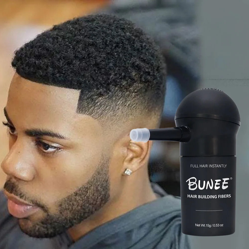 Kit de fibres capillaires BUNEE 15 g : Fibres denses naturelles pour hommes, idéales pour combler les zones dégarnies et combler les raies. Contient 15 g de poudre de fibres.