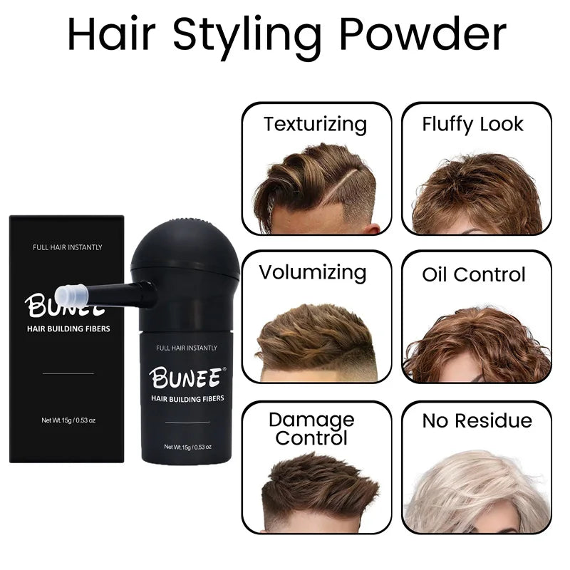 Kit de fibres capillaires BUNEE 15 g : Fibres denses naturelles pour hommes, idéales pour combler les zones dégarnies et combler les raies. Contient 15 g de poudre de fibres.