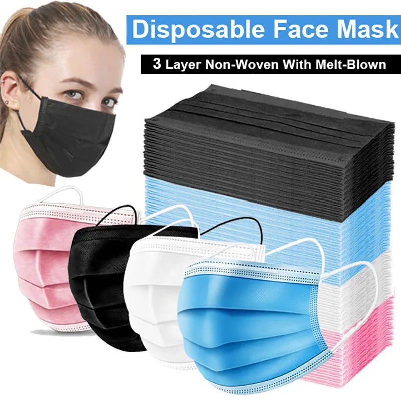 Masques 3 couches Masques faciaux en tissu soufflé fondu Masques de protection jetables anti-poussière Masques buccaux à élastiques Masques noirs