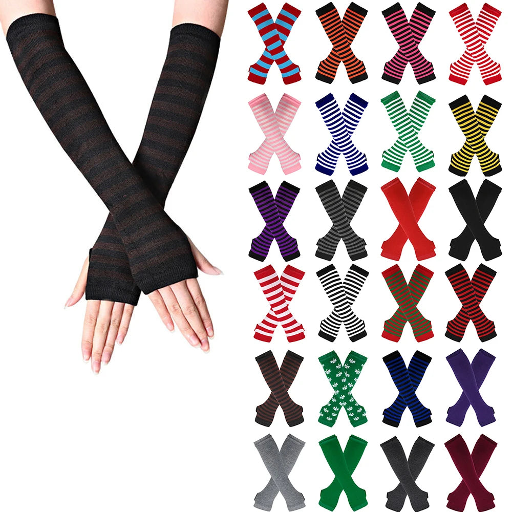 Gants emo pour femme, mitaines rayées, gants chauds tricotés longs sans doigts