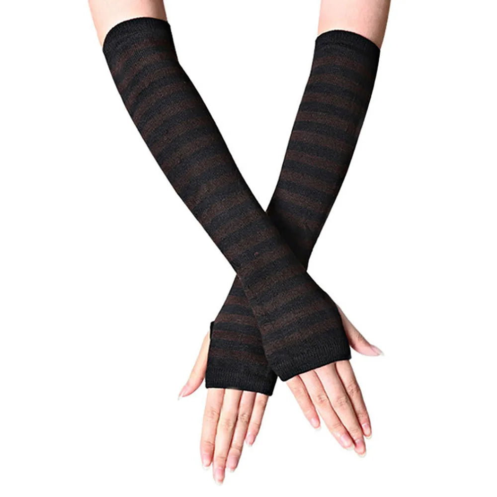Gants emo pour femme, mitaines rayées, gants chauds tricotés longs sans doigts