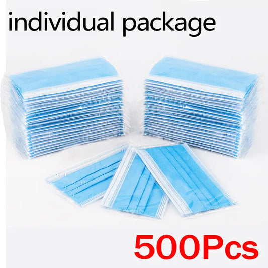 Masques jetables pour adultes, emballage individuel, 10 à 500 pièces. Masque filtrant en tissu non tissé fondu-soufflé bleu, respirant et protecteur.