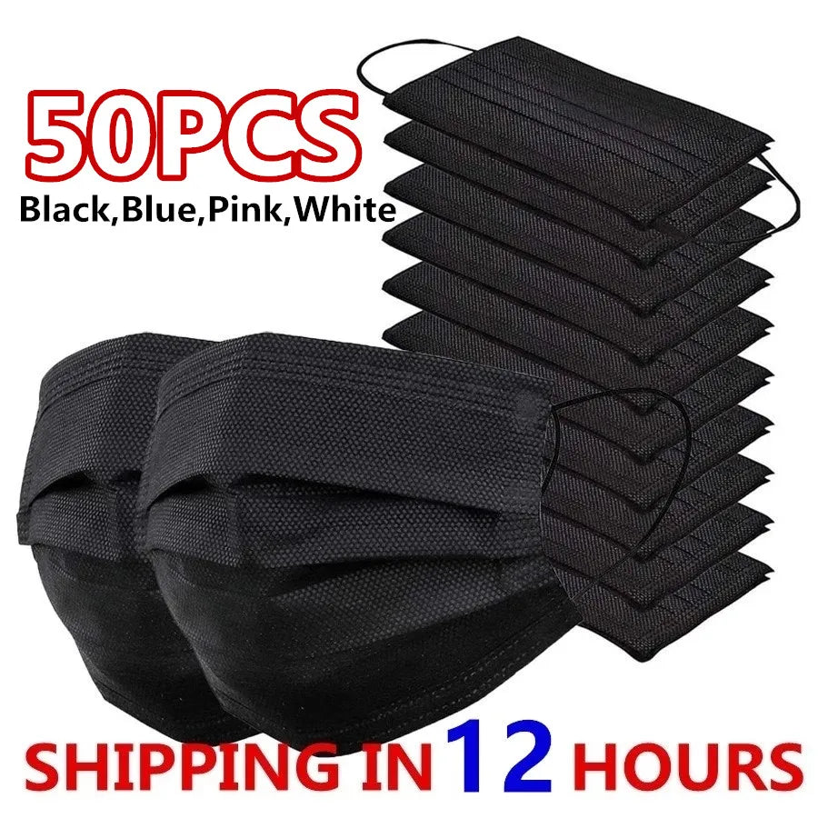 Masques 3 couches Masques faciaux en tissu soufflé fondu Masques de protection jetables anti-poussière Masques buccaux à élastiques Masques noirs
