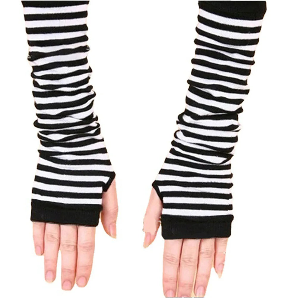Gants emo pour femme, mitaines rayées, gants chauds tricotés longs sans doigts