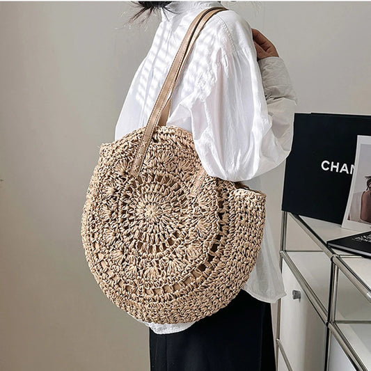 Sac cabas rond d'été en paille tressée pour femme, grande capacité, ajouré, style simple.