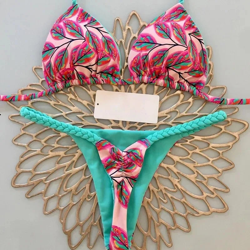 Nouveau bikini imprimé fendu pour femme, maillot de bain string tendance pour les vacances à la plage