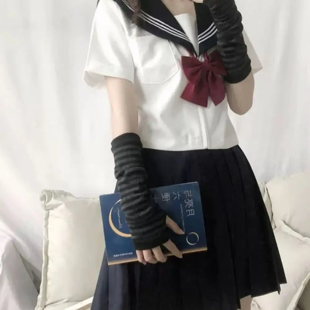 Gants chauds rayés en maille pour femmes et filles, mitaines sans doigts couvrant les coudes, couvrant les bras et les coudes.