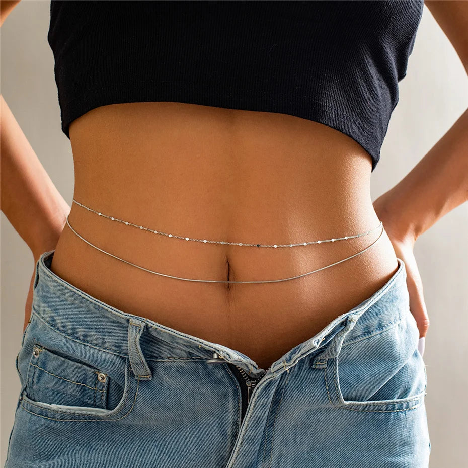 Esemble 2 pièces: ceinture de taille style bohème simple, chaîne serpent lisse, lingerie sexy pour femme, bijoux de nombril et de corps en strass, accessoires de bikini d'été