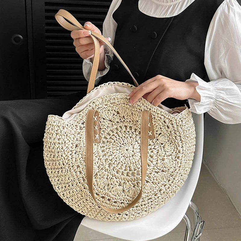 Sac cabas rond d'été en paille tressée pour femme, grande capacité, ajouré, style simple.