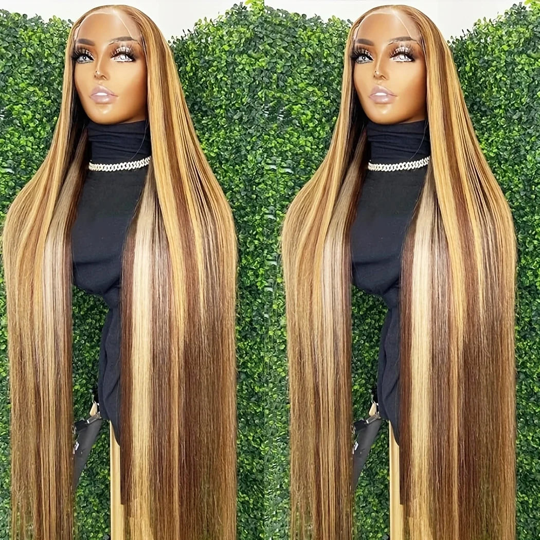 Perruque en cheveux humains lisses avec mèches ombrées, perruque frontale en dentelle HD 13x6, 100 % cheveux humains, densité 200, perruque brésilienne pré-épilée 13x4