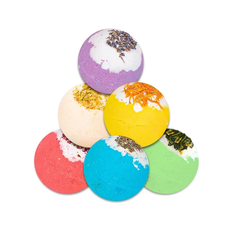17 styles de boules de bain et de sels de douche aux fleurs séchées pour soulager les tensions, aux huiles essentielles naturelles et à bulles rebondissantes.