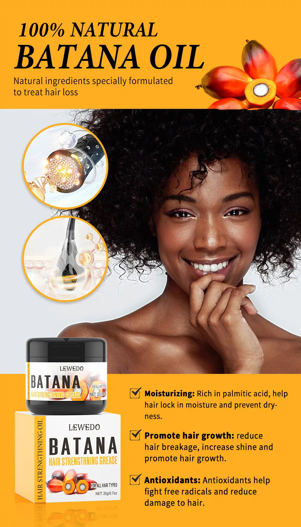 Huile capillaire 100% pure Batana pour la croissance des cheveux : soin naturel, nourrit, réduit la chute, prévient la casse et épaissit les cheveux.