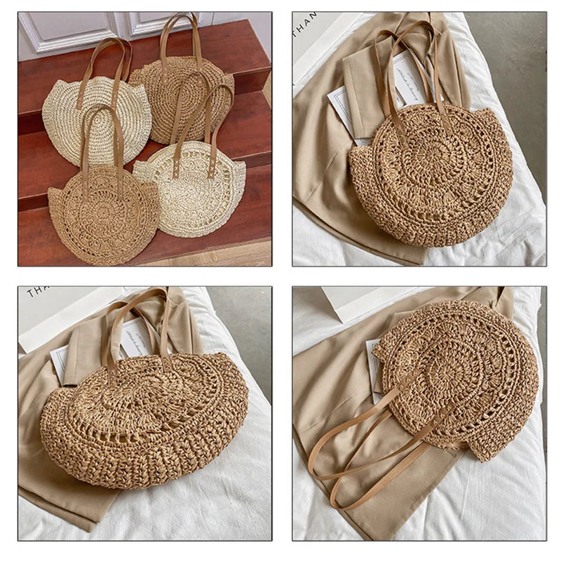 Sac cabas rond d'été en paille tressée pour femme, grande capacité, ajouré, style simple.