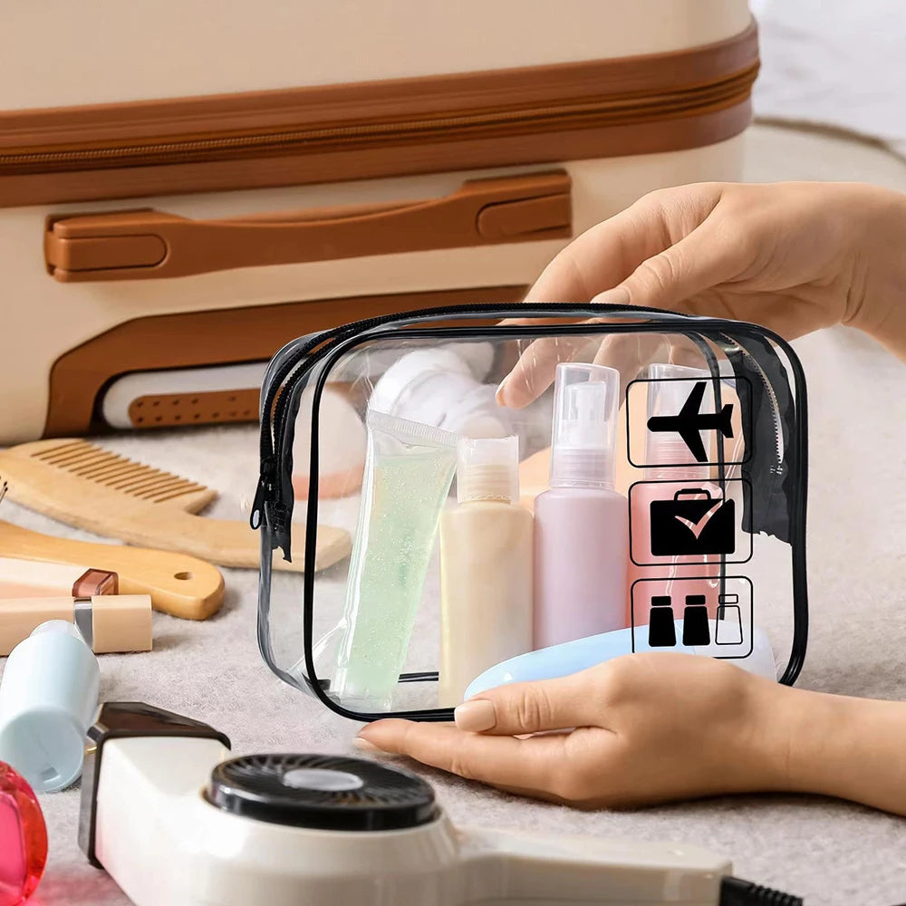Trousse cosmétique 3 pièces transparente, trousse de toilette, format cabine, conforme aux normes des compagnies aériennes, trousse de toilette de voyage pratique.