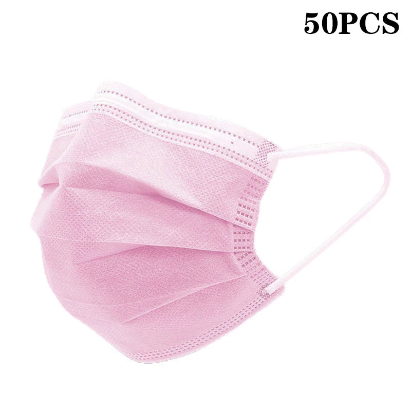 Lot de 50 masques de protection jetables à 3 couches en tissu non tissé, bleus, pour adultes.