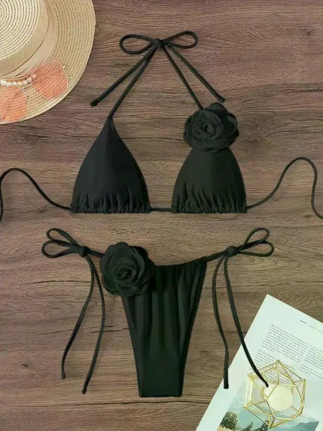 Maillot de bain deux pièces bikini sexy à fleurs 3D, bretelles et dos nu, tailles S à L.