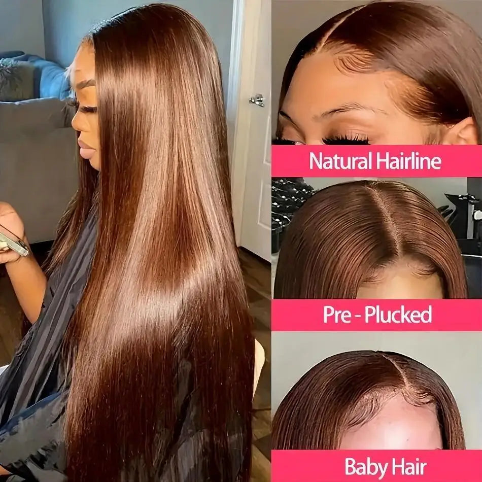 Perruques en cheveux humains lisses brun chocolat pour femmes, perruque frontale en dentelle HD 13x6, perruque frontale en dentelle 13x4 pré-épilée et colorée, 30 à 36 pouces.