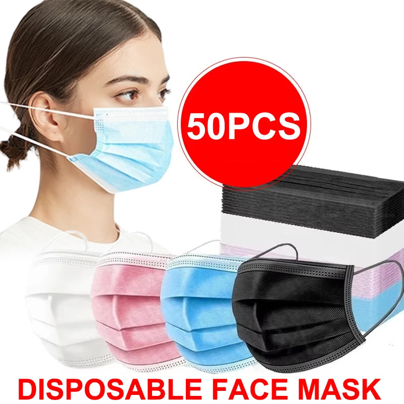 Lot de 50 masques de protection jetables à 3 couches en tissu non tissé, bleus, pour adultes.