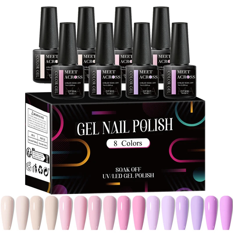 MEET ACROSS - Ensemble de 8 vernis à ongles gel fluorescents pour l'été et le printemps, avec paillettes laser colorées et manucure gel.