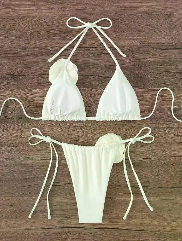 Maillot de bain deux pièces bikini sexy à fleurs 3D, bretelles et dos nu, tailles S à L.