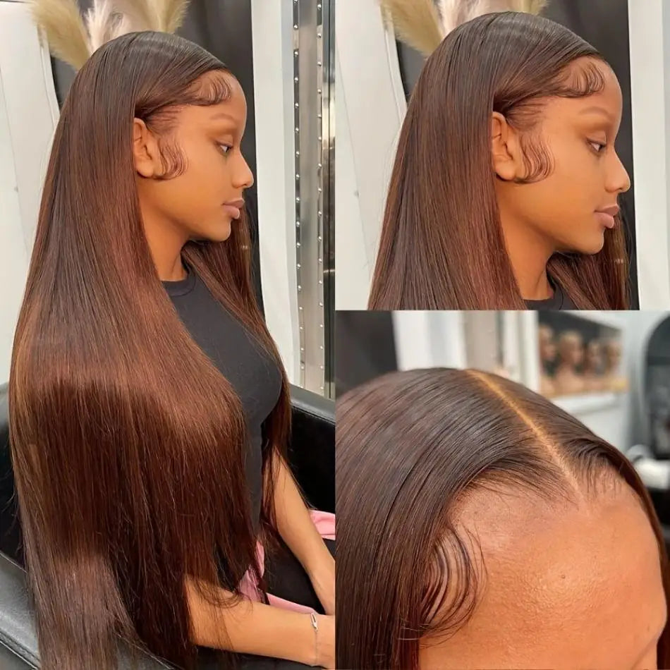 Perruques en cheveux humains lisses brun chocolat pour femmes, perruque frontale en dentelle HD 13x6, perruque frontale en dentelle 13x4 pré-épilée et colorée, 30 à 36 pouces.