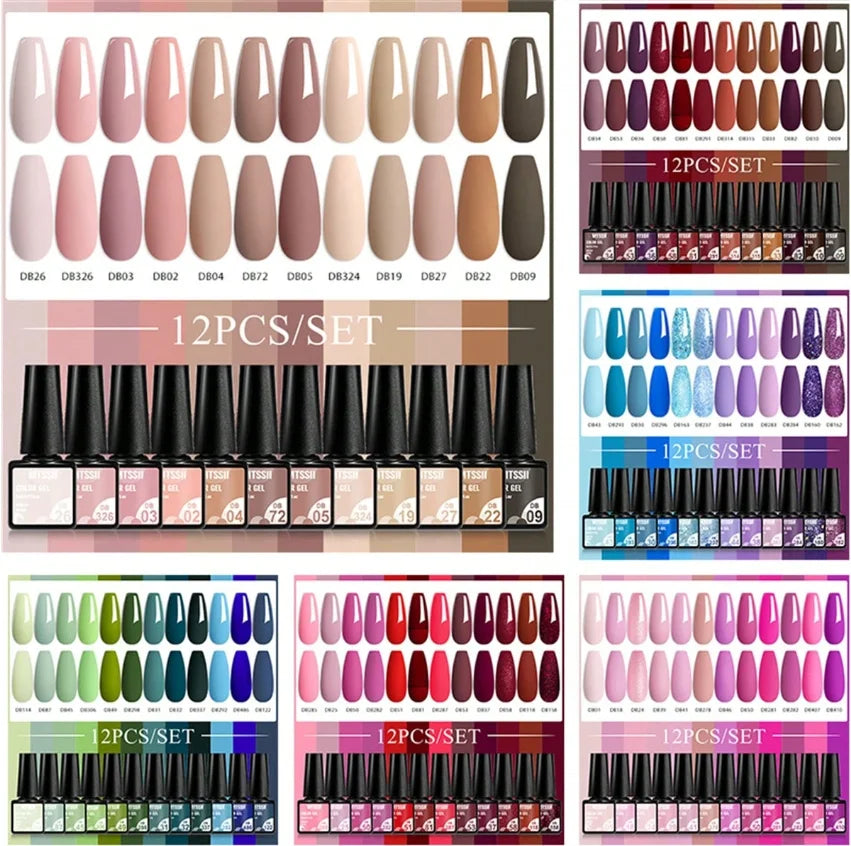 Kit de manucure semi-permanent MTSSII (12 pièces) : vernis gel semi-permanent à tremper, rose nude, rouge pailleté, UV, à paillettes. Fournitures pour ongles à faire soi-même.