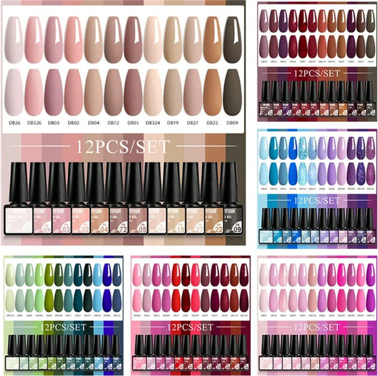 Kit de manucure semi-permanent MTSSII (12 pièces) : vernis gel semi-permanent à tremper, rose nude, rouge pailleté, UV, à paillettes. Fournitures pour ongles à faire soi-même.