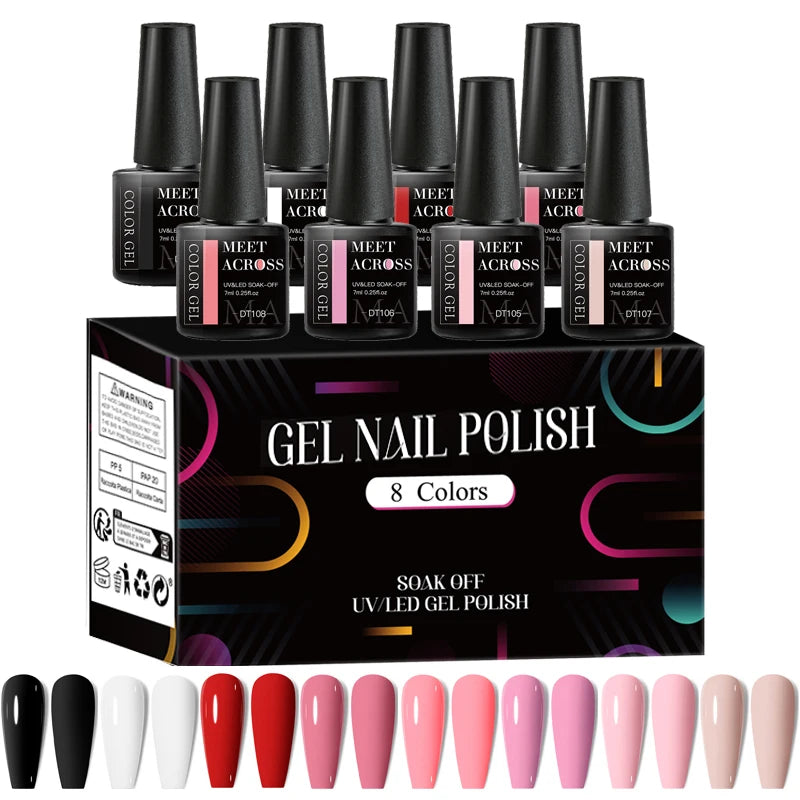 MEET ACROSS - Ensemble de 8 vernis à ongles gel fluorescents pour l'été et le printemps, avec paillettes laser colorées et manucure gel.