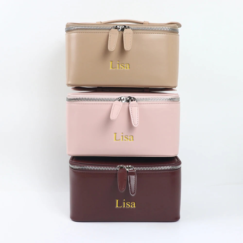 Trousse de maquillage et sac de beauté en cuir personnalisable avec nom, sac à main portable grande capacité