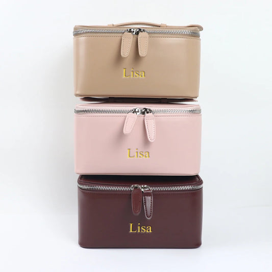 Trousse de maquillage et sac de beauté en cuir personnalisable avec nom, sac à main portable grande capacité