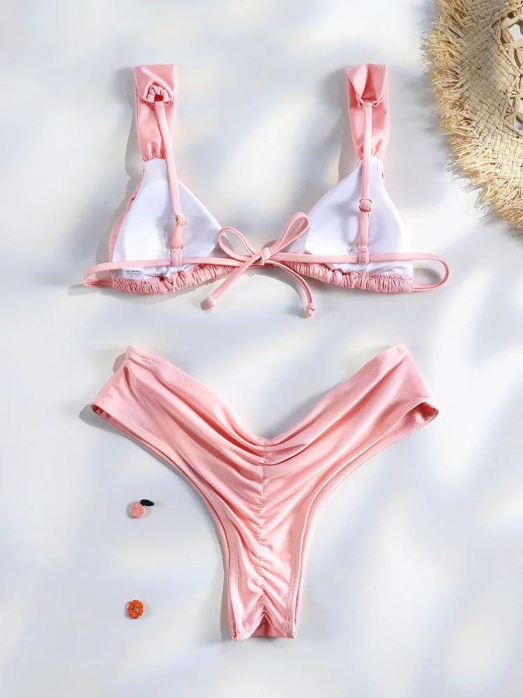 Ensemble bikini sexy à plis, micro bikini uni, maillot de bain femme triangle, tenue de plage