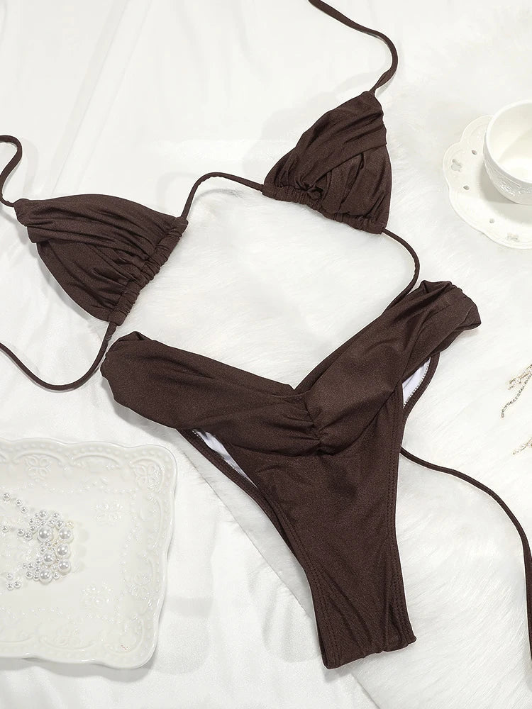 Ensemble bikini sexy à plis, micro bikini uni, maillot de bain femme triangle, tenue de plage