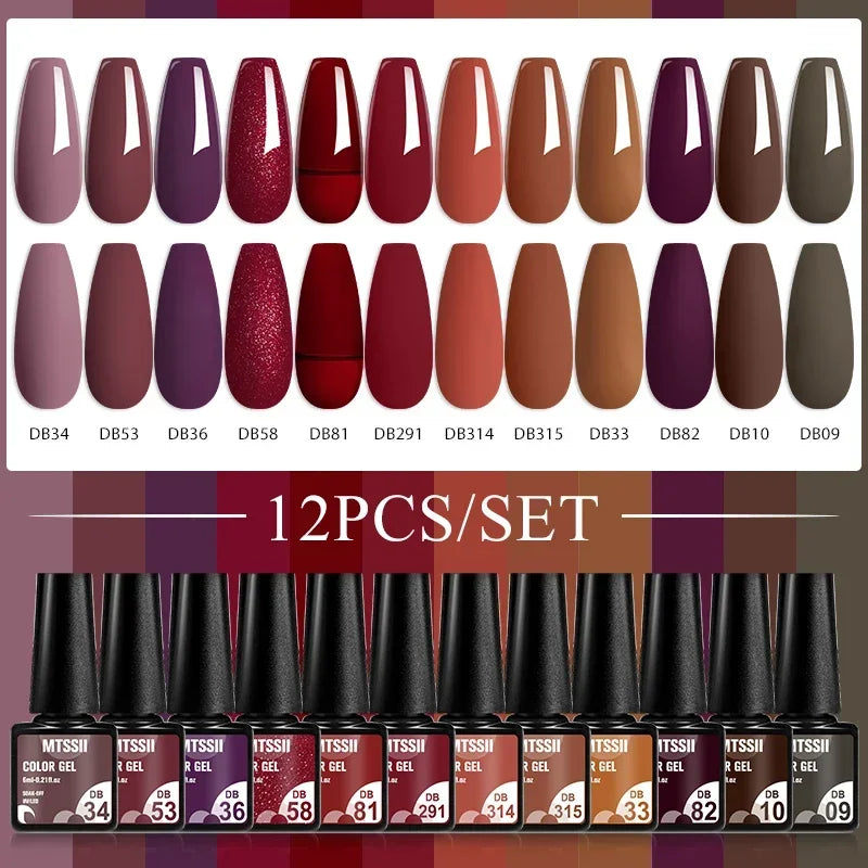 Kit de manucure semi-permanent MTSSII (12 pièces) : vernis gel semi-permanent à tremper, rose nude, rouge pailleté, UV, à paillettes. Fournitures pour ongles à faire soi-même.