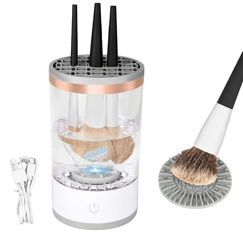 Nettoyeur de pinceaux de maquillage électrique portable 3 en 1 avec prise USB et brosses en caoutchouc pour un nettoyage en profondeur et une utilisation simplifiée.