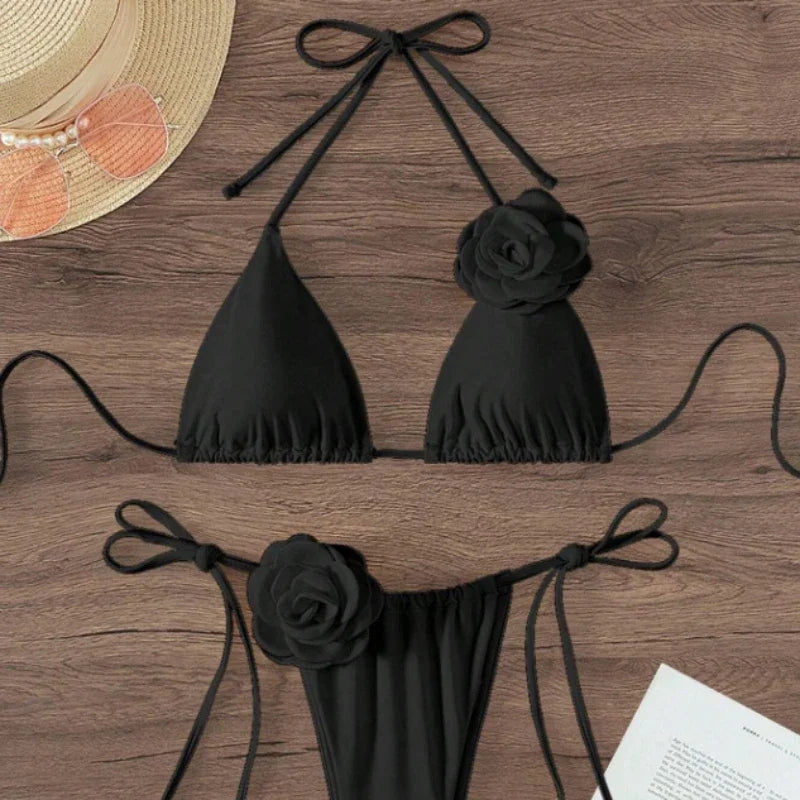 Maillot de bain deux pièces bikini sexy à fleurs 3D, bretelles et dos nu, tailles S à L.